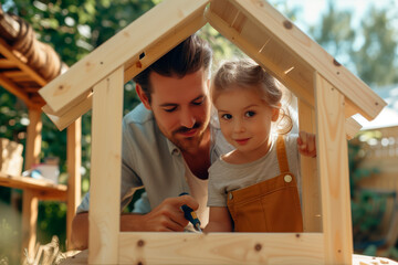 Dad is building a wooden house with his daughter in the back garden. DIY in the garden. Relationship between father and child. Upbringing