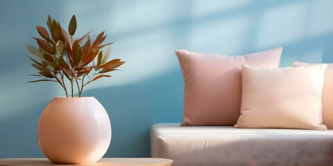 A calm stylish space with a beige sofa pink lamp potted plant against a blue wall with gentle...