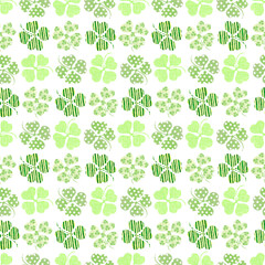 Watercolor hand drawn st Patrick's day seamless pattern with clover, shamrock on white background. Holiday endless backdrop for fabric, wrapping paper, scrapbooking. Irish lucky pattern. Digital paper