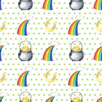 Watercolor hand painted st Patrick's day seamless pattern with pot of coins, rainbow, polka dot, horseshoe on white background. Holiday backdrop for fabric, wrapping paper, scrapbooking. Digital paper