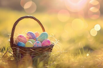 A basket filled with colorful easter eggs is sitting in a meadow.