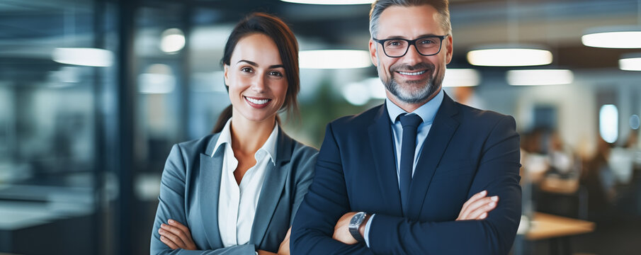 Business woman and a business man stand together with their arms crossed and smile at the camera. Successful businessman and businesswoman concept