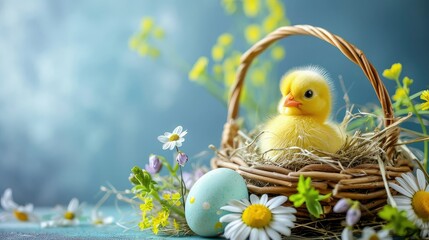 Cute yellow chick sitting in an easter basket, surround with spring flower and painted egg, copy...