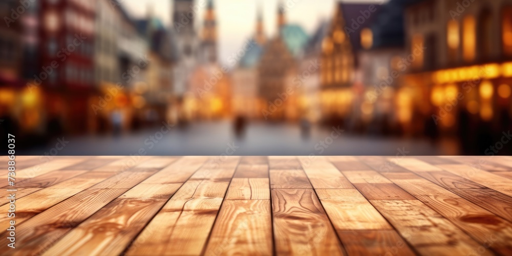 Poster the empty wooden table top with blur background of town square. exuberant image. generative ai