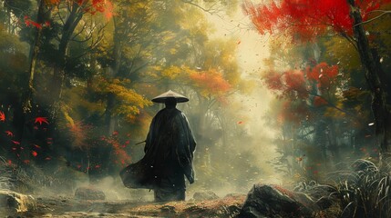 The journey Art the Samurai traverses ancient forests a serene expression seeking wisdom and inner peace