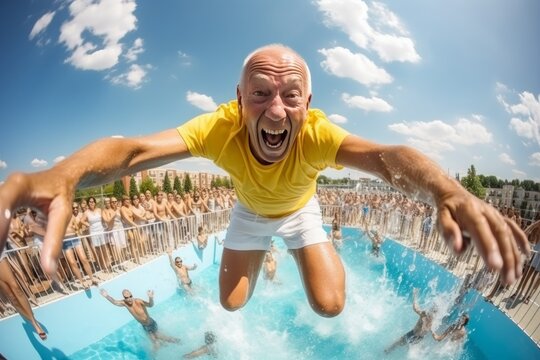 An active elderly gray-haired man takes pictures of himself jumping from a tower into swimming pool
