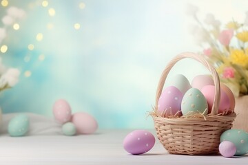 Fototapeta na wymiar Easter pastel pink background in a banner format with colorful Easter eggs and bokeh