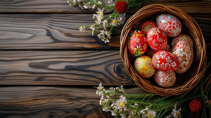 Happy easter, Easter painted eggs in Iranian theme lay in the basket on wooden rustic table.
