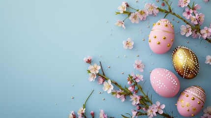 Pink and gold painted Easter eggs on soft blue background with copy space and colorful flowers decoration.