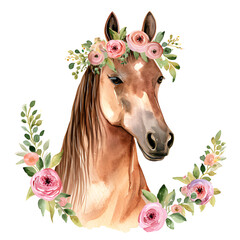 Stunning watercolor artwork showcasing a magnificent horse adorned with intricate and vibrant floral motifs.