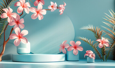 3D Rendered Product Podium with Tropical Pink Plumeria and Palms
