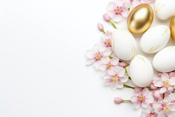 White and gold painted Easter eggs on soft blue background with copy space and pink flowers decoration