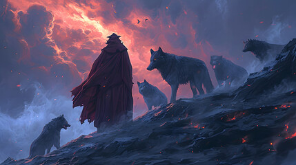 illustration of magical wizard summoning giant wolves - obrazy, fototapety, plakaty