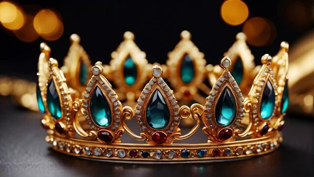 Beautiful golden crown with precious stones on a dark background