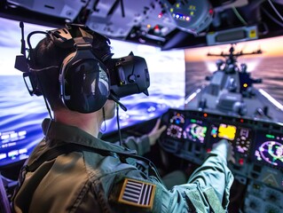 Artificial intelligence and vector technology merge in virtual reality piloting military ships with cutting edge vision sensors - obrazy, fototapety, plakaty