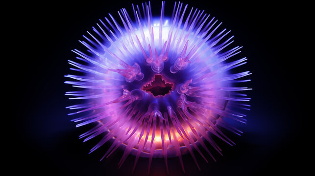 Bunter Seeigel vor dunklem Hintergrund. Ultraviolett beleuchtet. Abstrakte Illustration