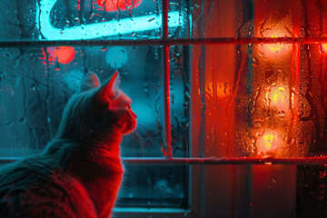 cat looking through rainy window neon lights,burning outside