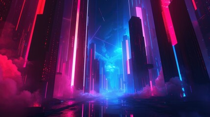 A digital illustration of a futuristic corridor bathed in vibrant neon lights, with a perspective that draws the eye towards infinity. Resplendent. - obrazy, fototapety, plakaty
