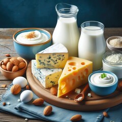 Different milk products: cheese, cream, milk, yoghurt. On a blue background.