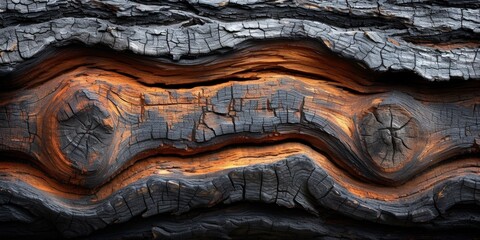 Textured wood background with a rough, charred surface, showcasing the natural patterns of aged and burnt tree bark. - obrazy, fototapety, plakaty