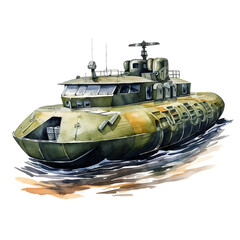 Watercolor military hovercraft isolated on a white background