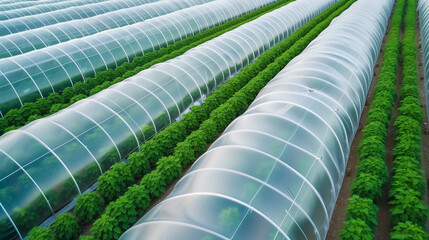 Obraz premium view of greenhouses lined up in a row covered with transparent film