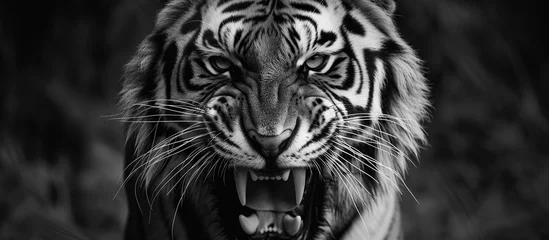 Fotobehang Monochrome style close-up of a growling tiger's head © diwek