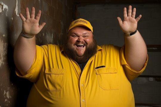 An overweight man in a yellow shirt and baseball cap raised his hands in greeting to everyone