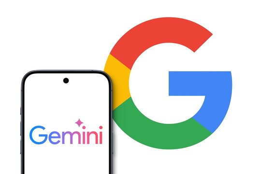 Gemini Logo is displayed on a modern smartphone, big Google logo in the background, Gemini is a family of multimodal large language models developed by Google DeepMind, Open AI, Chat GPT
