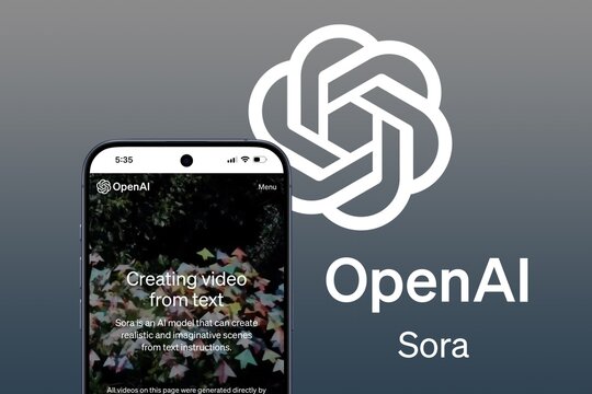 Sora Website displayed on a modern smartphone, text-to-video model for generating videos with artificial intelligence from OpenAI, OpenAI Logo and gray gradient behind, video, content, media