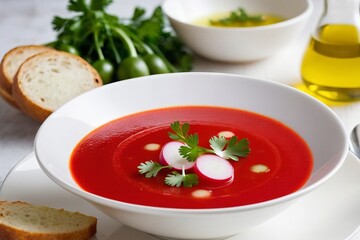 Bright red gazpacho served in a white bowl decorated with thin slices of radish, parsley and extra virgin olive oil.