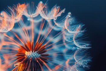 Macro photograph captures intricate lace-like patterns on dandelion seeds, ideal for interior decoration, print, and poster projects