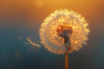 Detailed macro shot of dandelion seeds against a sunset backdrop, perfect for interior décor, photo wallpapers, and posters