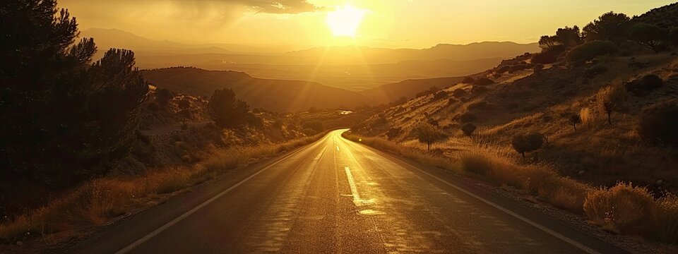 road trip with sunset, riding motorcycle. Travel and vacation. colorful 