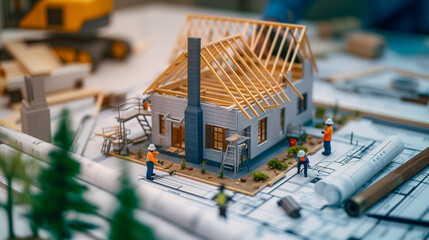 Les plans d'une maison 3d en construction avec des ouvriers au travail. - obrazy, fototapety, plakaty