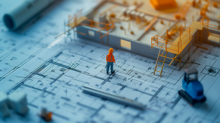 Une maquette 3d avec des plans illustrant le chantier d'une maison, avec des artisans s'affairant à sa construction. - obrazy, fototapety, plakaty