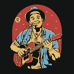 2d vector illustration art  Retro guitar with trees and city on the background, Summer t-shirt design, Custom vector illustration for posters vintage distressed style each design