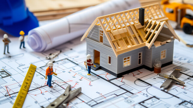 Une représentation en 3d d'une maison en cours de construction avec des plans, montrant également des travailleurs en pleine activité.