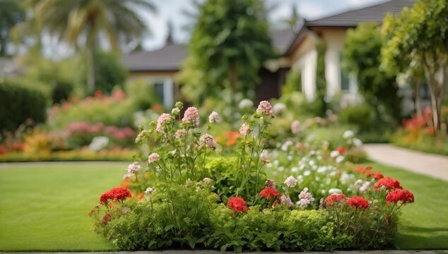 a photo of a beautiful front yard garden, short cut green grass, tall flowers and jasmine, X-T5 23MM, shallow depth of field, blurred background