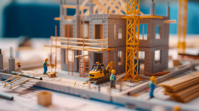 Un mod&egrave;le 3d avec des plans d&eacute;taillant la structure d'une maison en construction, entour&eacute;e d'ouvriers en action.