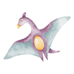 Cute purple flying dinosaur. Isolated hand drawn watercolor illustration of dino. A clipart of pterodactylus for children's invitation cards, baby shower, decoration of kid's rooms and clothes. © Fedulova_art