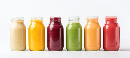 Row of healthy fresh fruit and vegetable smoothies with assorted ingredients served in glass bottles with straws isolated on white background	