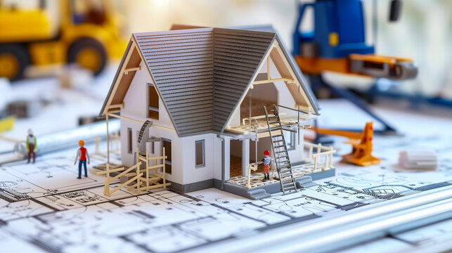 Une repr&eacute;sentation 3d d'une habitation en phase de construction avec des plans et avec des ouvriers en pleine action.