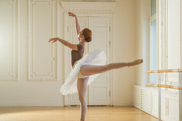 Young ballerina in tutu skirt dancing practicing ballet positions in dance class. Young classical...