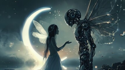 Under a crescent moon a skinny beautiful fairy with a glowy aura meets a futuristic cyborg blending magic with technology