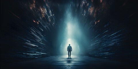Mysterious figure traverses dim tunnel embodying suspense and enigma the tunnels end illuminated. Concept Mysterious Figure, Dim Tunnel, Suspense, Enigma, Illumination