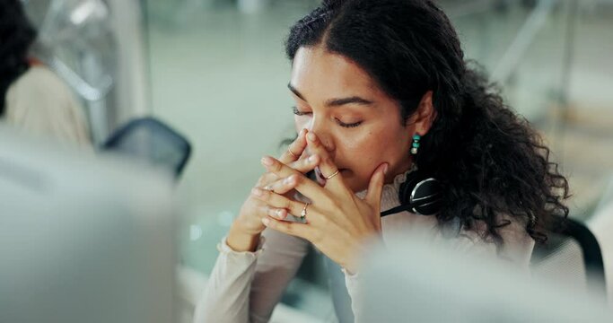 Woman, call center and headache, stress and pain with breathing, overworked and tired at office with disaster. Customer support, consultant and migraine, fatigue or burnout with distress and crisis