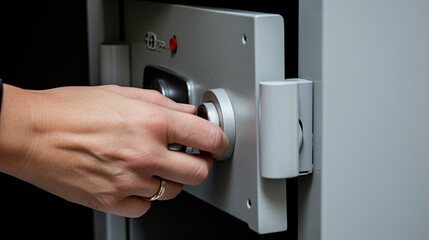 Naklejka premium Close-up of a hand opening a security safe