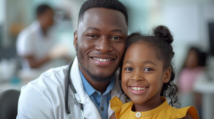 Black man dentist with his patient small black girl in dentist surgery. Tooth care concept. Selective focus. Copy space