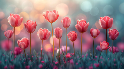 Fototapeta premium Watercolour illustration. Spring atmosphere. Red tulips on green blurred background. Selective focus. Copy space. 
